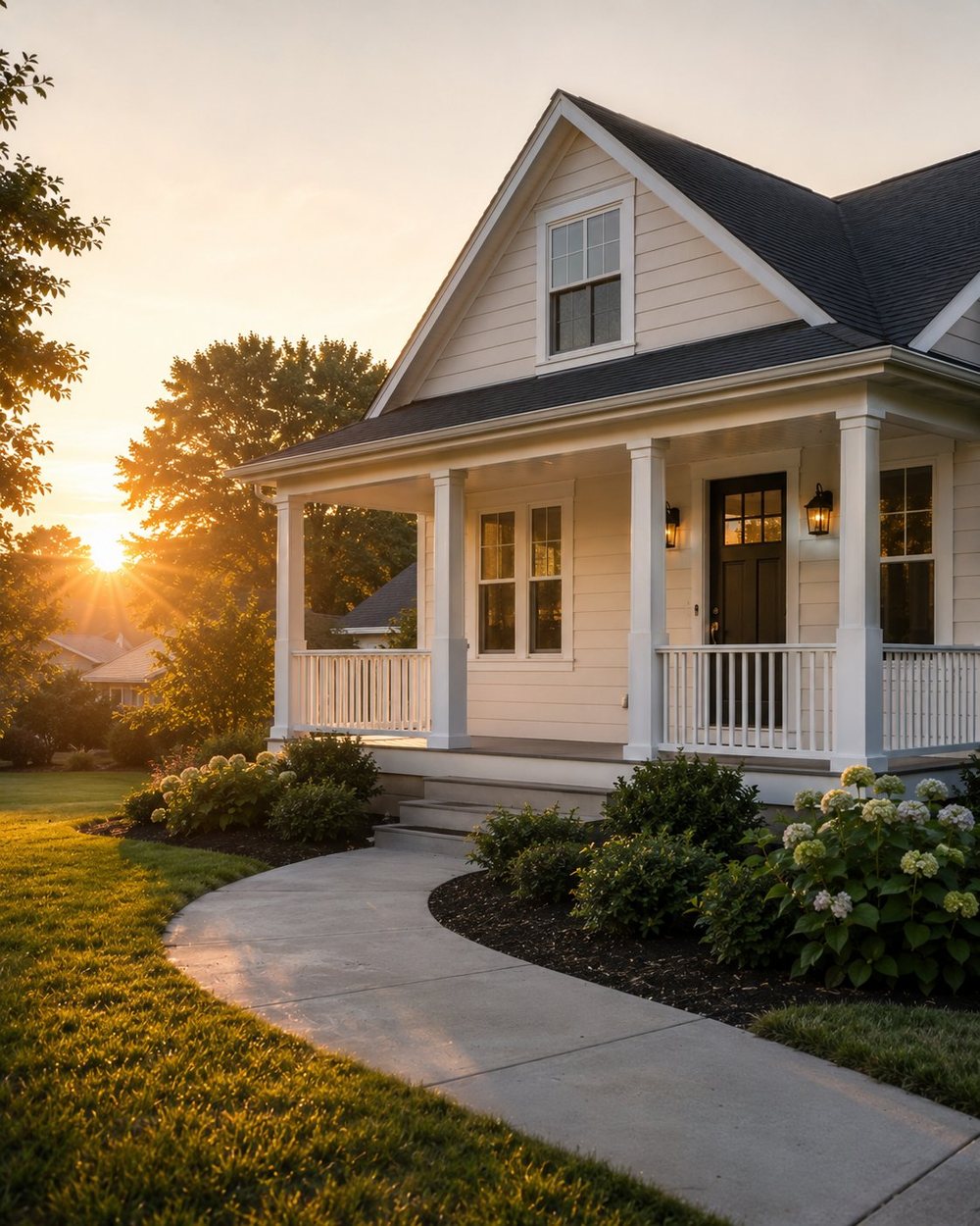 A welcoming home glowing at golden-hour sunrise