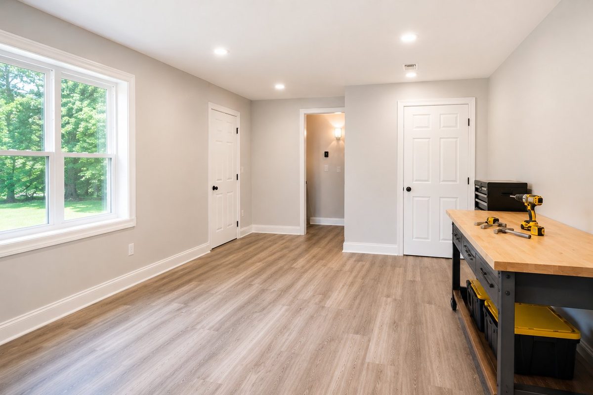 Freshly renovated room with new flooring and tools on a workbench
